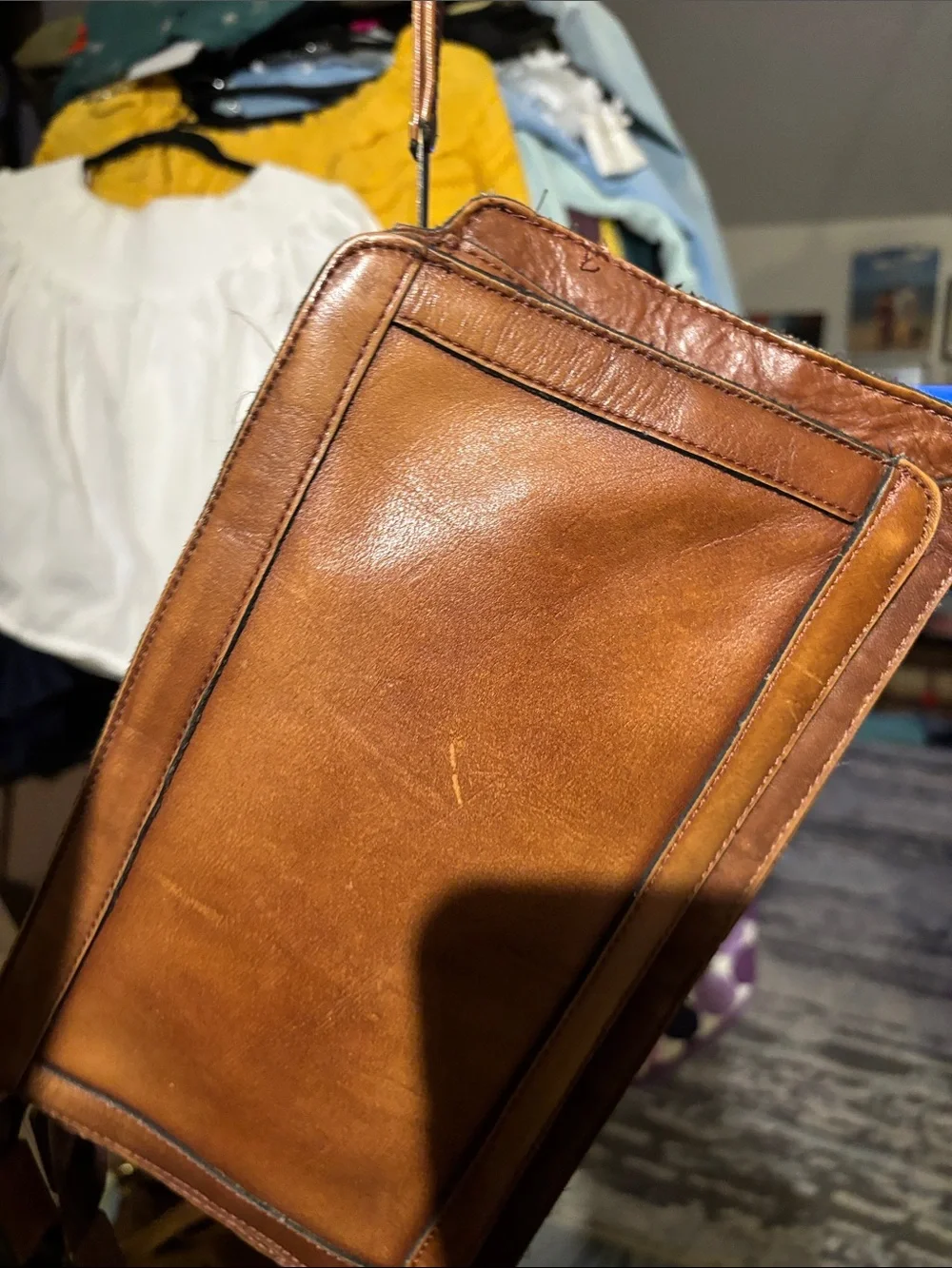 Men's Chestnut Leather Dual-Zip Briefcase Shoulder Bag